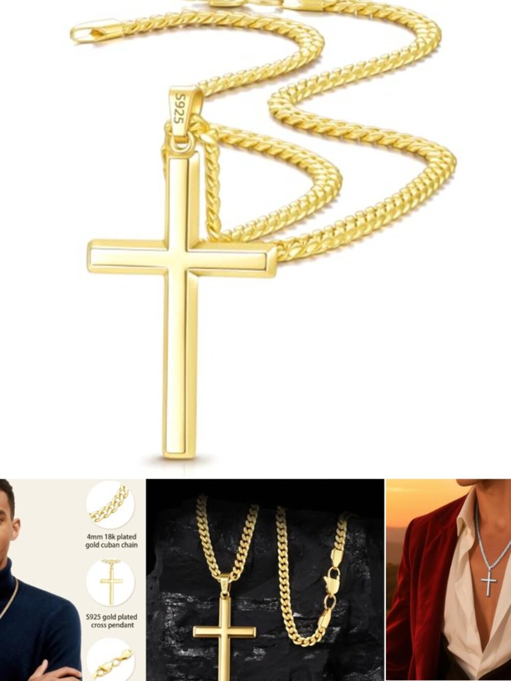 Sterling Silver or 18k Plated Gold Cross Necklace Cuban Chain
